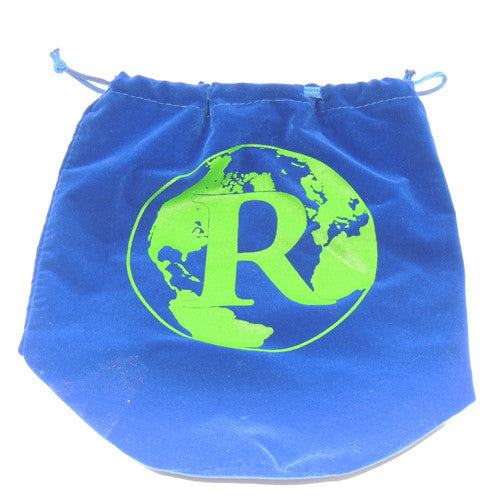 Blue velvet drawstring bag with globe initial 8 x 8 x 5"